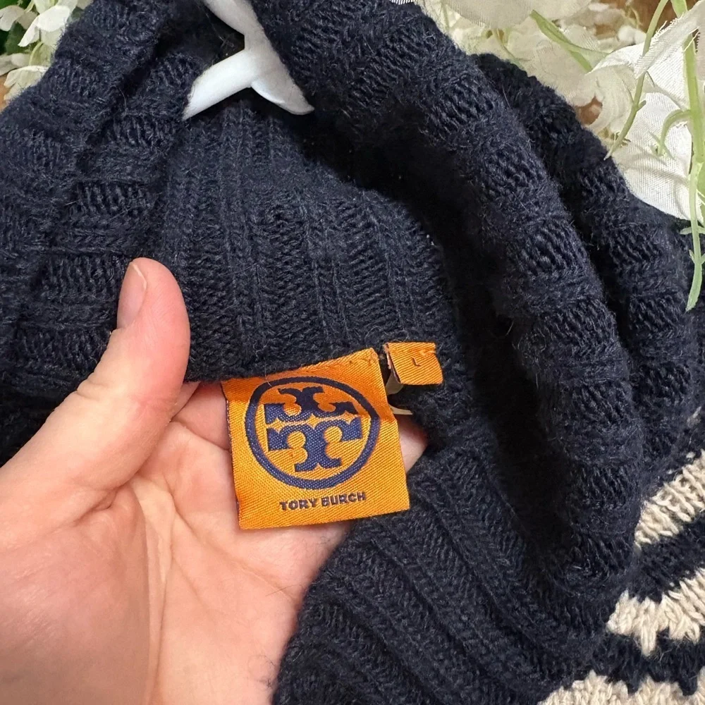 Tory Burch Carey Navy and Cream Striped Turtleneck Sweater